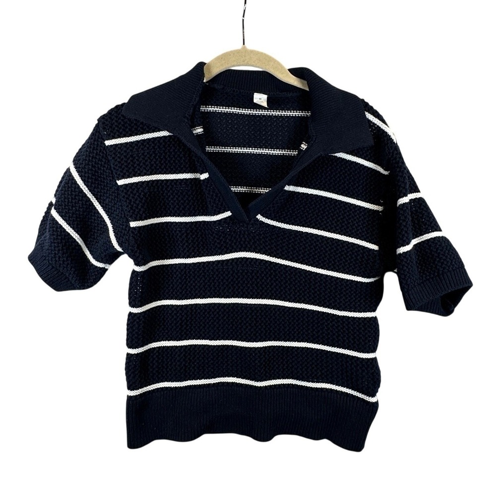 Old Navy Womens XS Navy Blue White Striped Short Sleeve Knit Polo Sweater